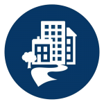 Logo du comité AU-MTL: des bâtiments blancs dans un cercle bleu
