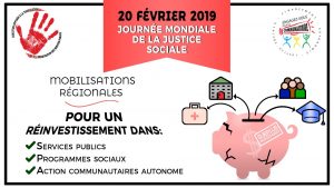Bannière Web sur laquelle on peut lire: 20 février 2019 Journée mondiale de la justice sociale. Mobilisations régionales pour une réinvestissement dans les services publics