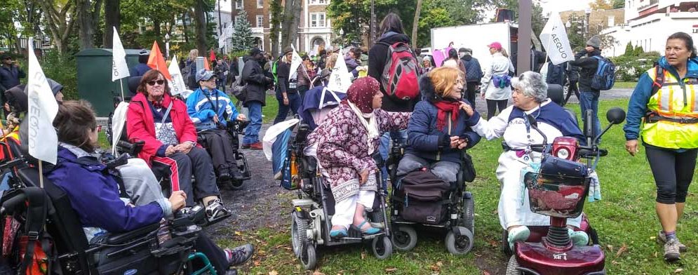 Des personnes en fauteuil roulant attendent dans un parc. Ils sont rejoints par de nombreux marcheurs.