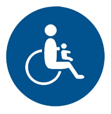 En blanc dans un cercle bleu: le dessin d'une personne en fauteuil roulant tenant un bébé sur ses genoux